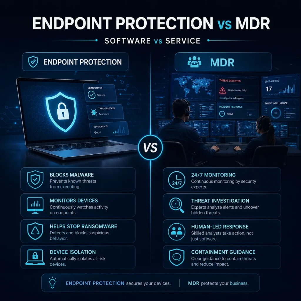 Endpoint Protection vs MDR: Which Does Your Business Actually Need? 1 Endpoint protection vs MDR comparison table